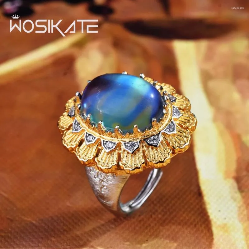 Cluster Rings WOSIKATE Luxury Woven And Carved Gold Handmade Moonstone Ring For Women 925 Silver Jewelry Adjustable Elegant Ladies Finger