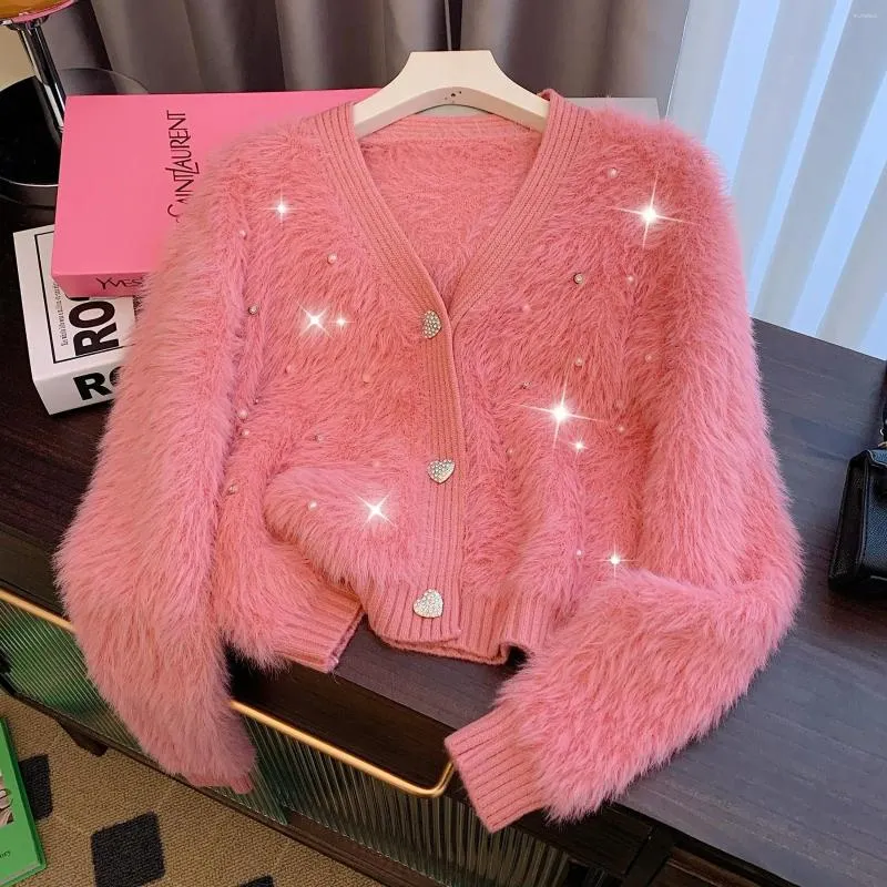 Kadın Örgü Boncuk Pırlanta Sonbahar Kış Örgü Faux Fur Hardigan Dış Giyim Sweaters Kore Dongdaemun Yüksek Kaliteli Giysiler