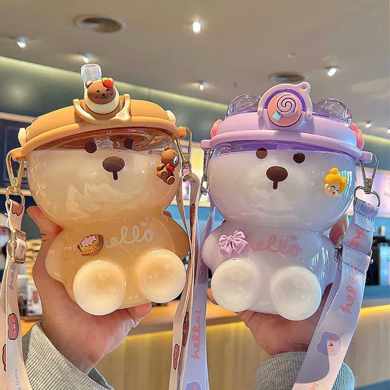 1L Bear Water Bottle for Girls Cute Cup with Straw Items Travel Mug Kawaii Kids Tumbler Sport 1 Liter Drink Kettle
