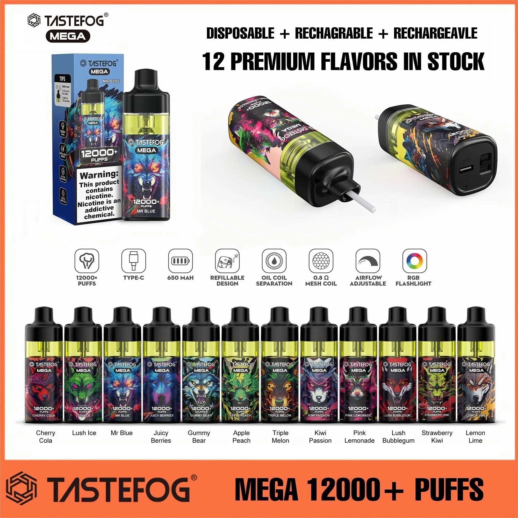 2023 Tastefog Mega 12000+ затяжек одноразовый вейп 12 тыс. затяжек 2% сетчатая катушка многоразового использования одноразовая электронная сигарета 12 вкусов на складе