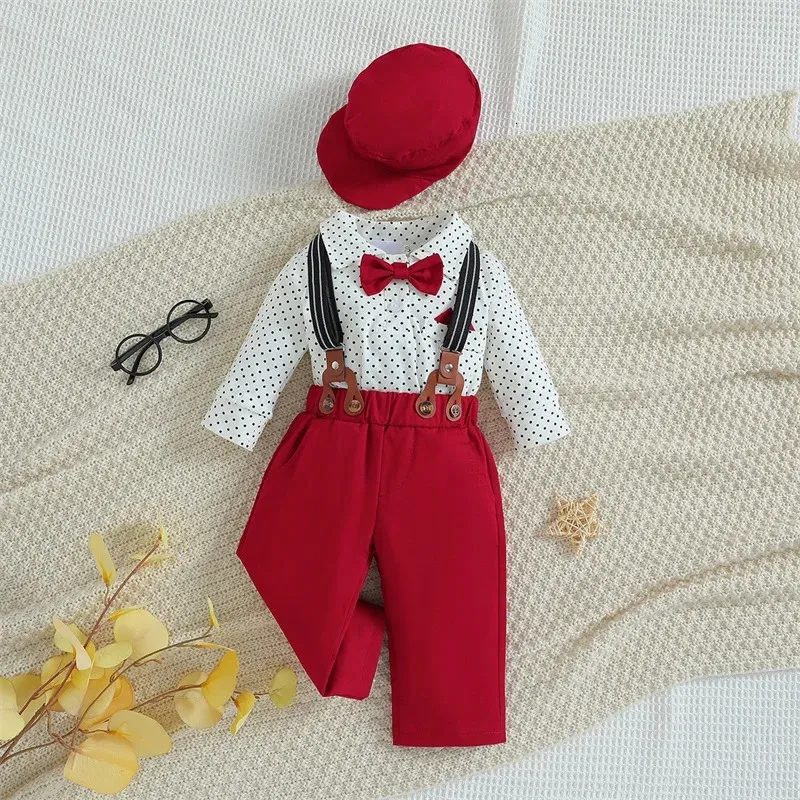 Kläder sätter gentleman småbarn pojke romper Kläddräkt Född bomull Jumpsuit Pants Hat Set Baby Boys 1st Birthday Wedding Christmas Outfit 231129