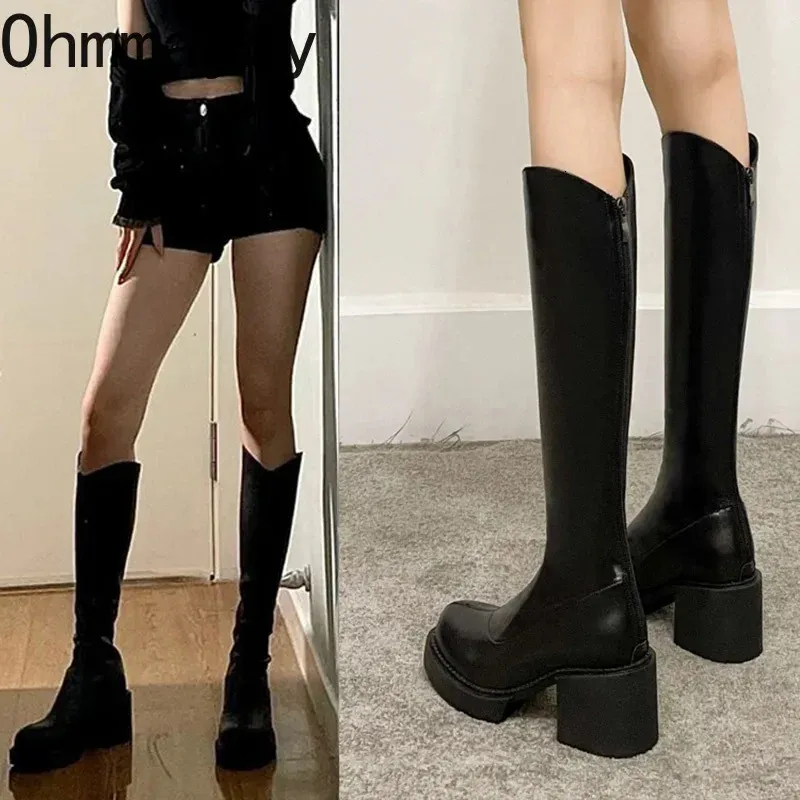 Boots Winter Femmes Knee High Boots Fashion Plateforme de mode Mesticules Elegant Square High Heel Long Knigth Boties Winter Foot's Footwear 231129