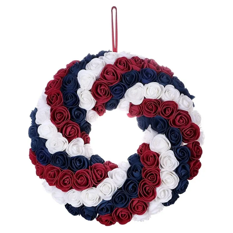 装飾的な花の花輪独立記念日7月4日の人工青色の白い赤い花が飾りガーランドを飾るメモリアルデイドア装飾231129