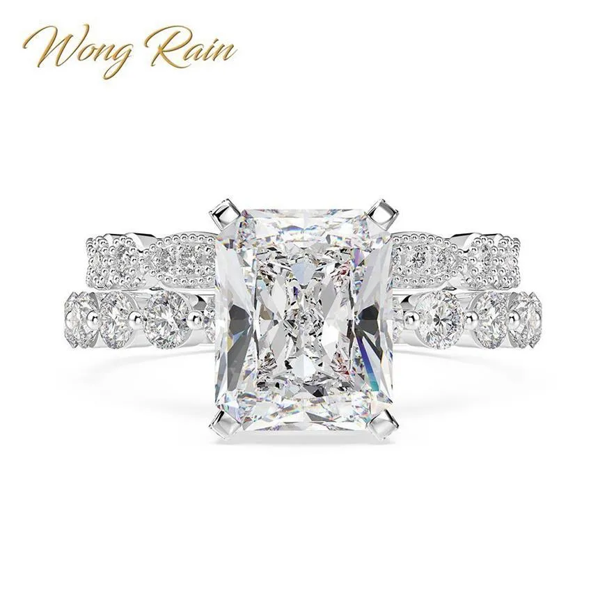 Wong Rain Luxury 100% 925 Sterling Silver Created Moissanite Gemstone Engagement Ring Sets Wedding Band Fine Jewelry Whole T20242r