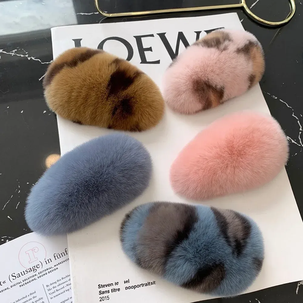 Leopard Rex Rabbit Fur Hair Clip - Plush Fuzzy Hairpin, Soft Winter ...