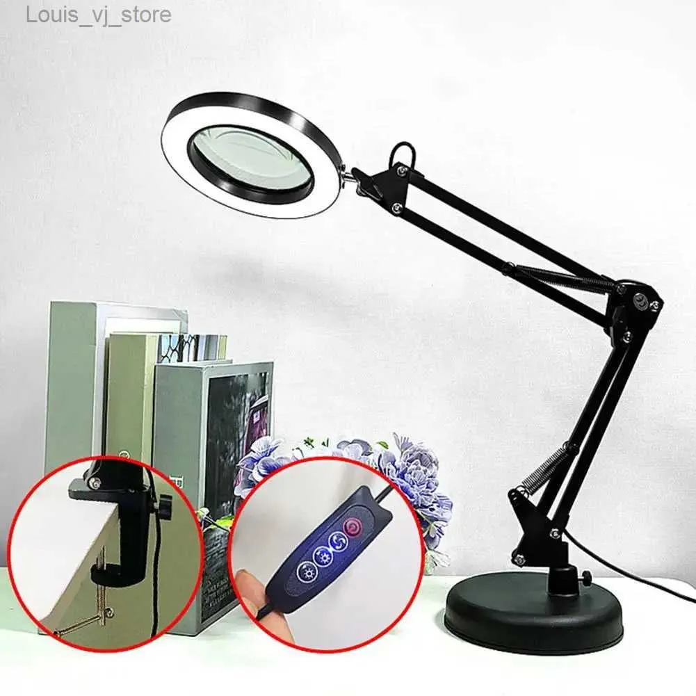 Lupa 5X con luz LED, 10 niveles de brillo, 3 colores, lámpara de escritorio  de banco de trabajo, luz de lectura LED con clip y brazo flexible, lupa