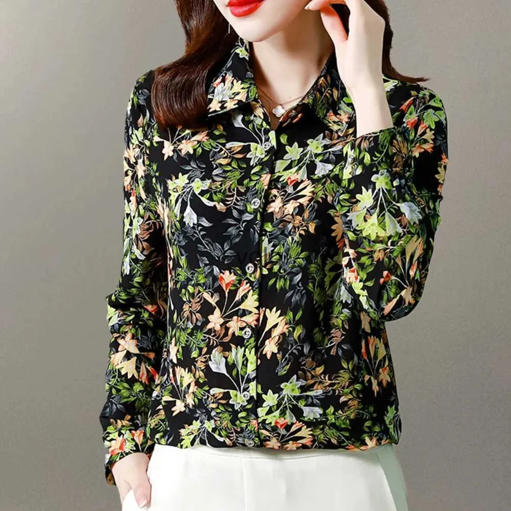 Blouses pour femmes Chemises élégantes Blouse imprimée florale Femmes Revers à manches longues Droite Soie Mode 2023 Automne Tops Taille M-4XLyolq