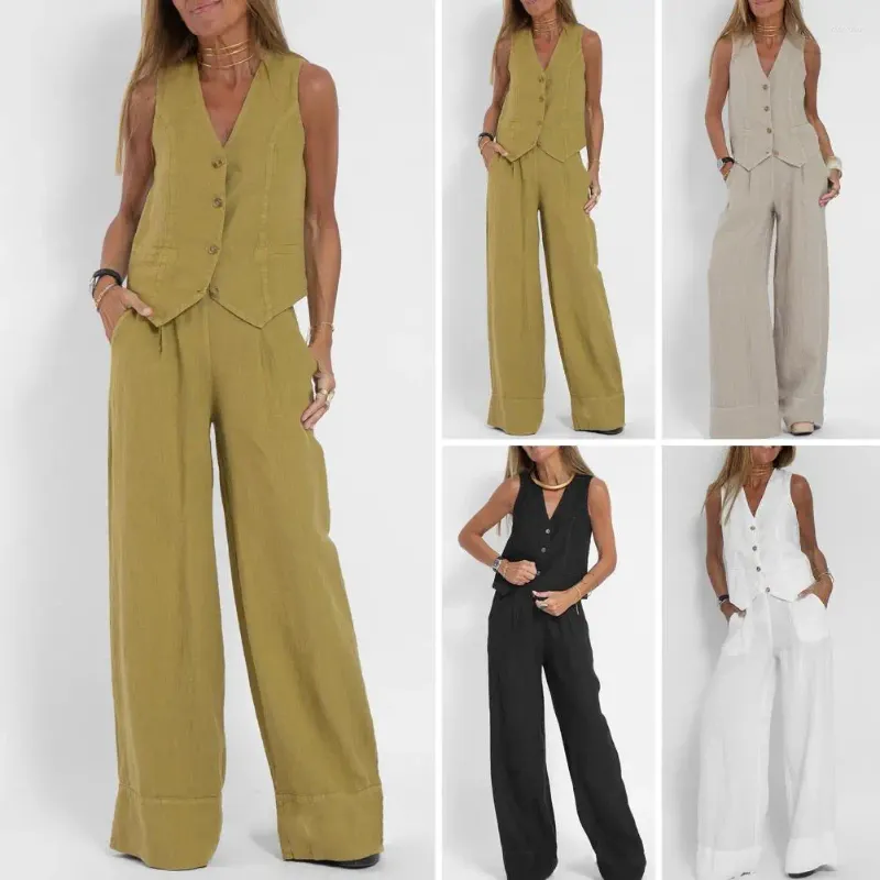 Pantalon de deux pièces pour femmes sans manches col en V femmes costume décontracté couleur unie gilets en lin manteaux et pantalons printemps automne femme élégante rue