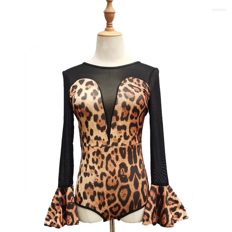 Sahne Giyim Kadınlar Latin Dans Ceket Yetişkin Bayanlar Leopard Bodysuit Üst Uygulama Giyim Dans Dans Uzun Kollu T-Shirt Dans Giysileri