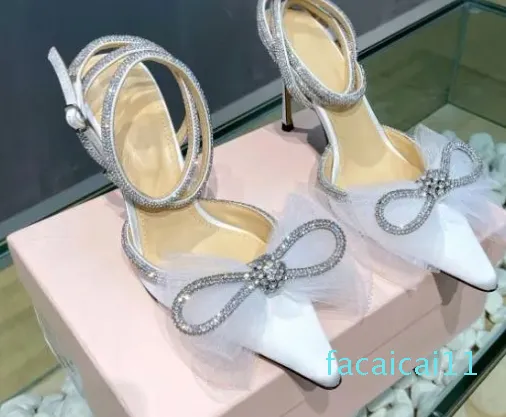 MACH nœud papillon en maille satinée sandales et chaussures à talons hauts nœud papillon scintillant strass cheville Wrap femmes mariage mariée cristal talon haut