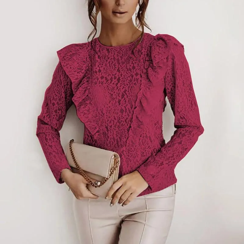 Women's Blouses Fashion Women O-Neck Shirts Slim-Fit Lace Open-Back Cut-Out Sexy Pullover Office Long-Sleeved Tops Soild Ladies Shirt