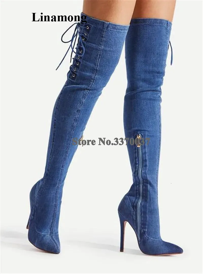 Laarzen est Sexy Vrouwen Puntschoen Over de knie Naaldhak Denim Gladiator Side Lace up Slanke Stijl Lange Hoge Hakken 231130