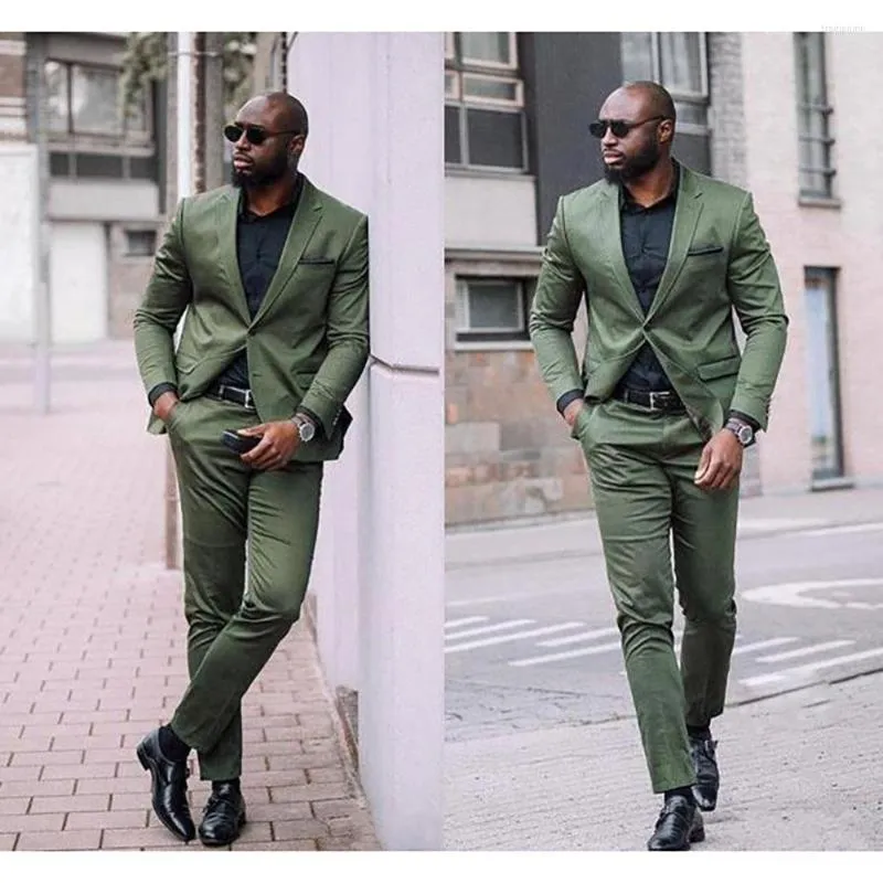 Mäns kostymer 2023 Army Green Men Slim Fit Two Pieces Beach Groomsmen Wedding For Black Male Formal Prom Set (Jacket Pants)