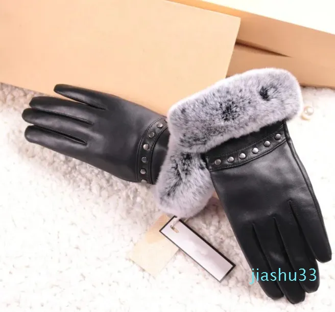 Luksusowe i zimowe ciepłe kobiety jeżdżące rękawiczki oryginalne skórzane owczelne futro mankiety mankiety punkowe styl