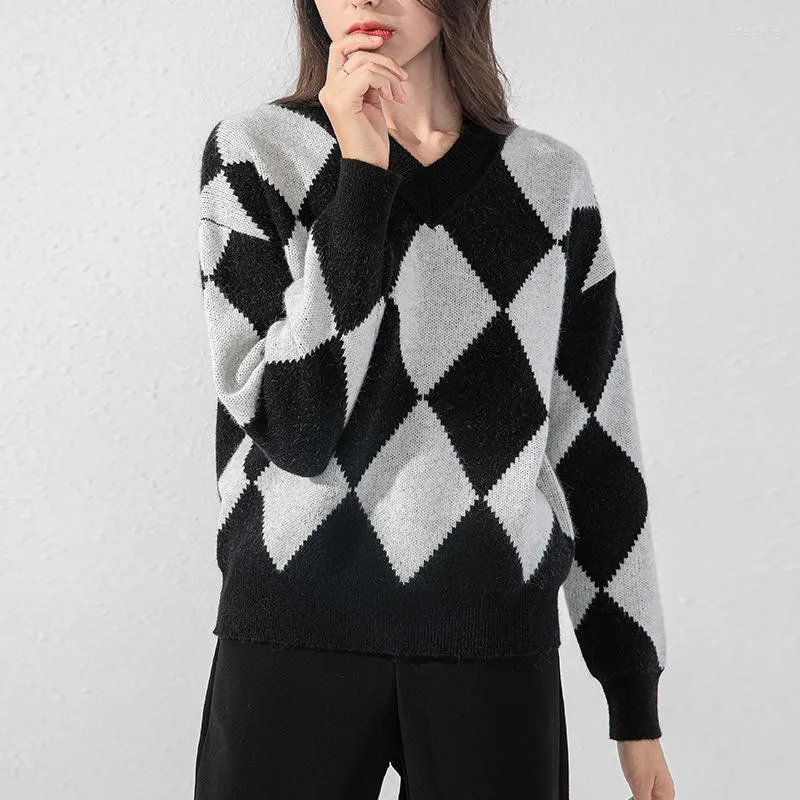 Dames truien tegen nek gebreide casual lange mouw argyle print losse jumper topswomen's