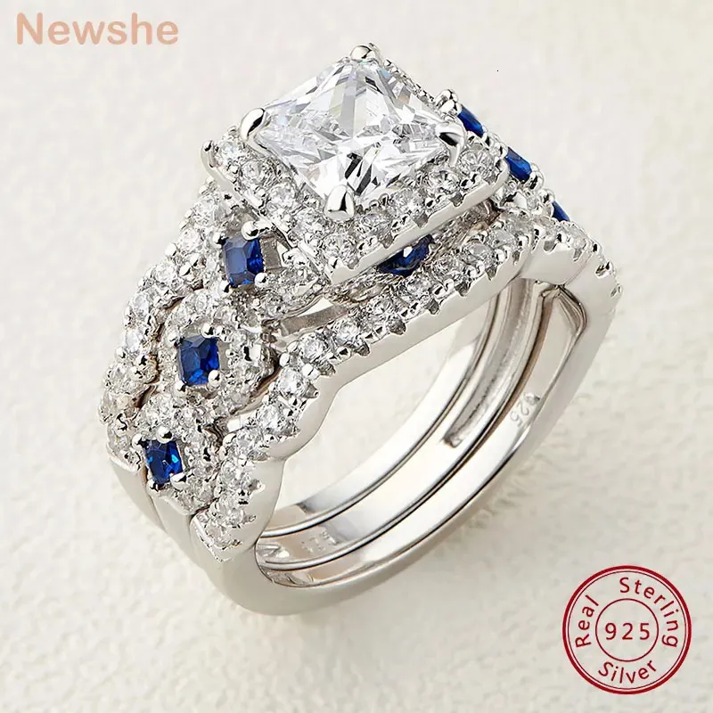 Wedding Rings she 3 Pcs Set for Women 925 Silver 2 6Ct Princess Cut White Blue AAAAA CZ Luxury Bridal Engagement Jewelry 231129