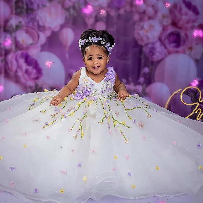 Colorful Handmade White Tiered Flower Birthday Dress With Pearls