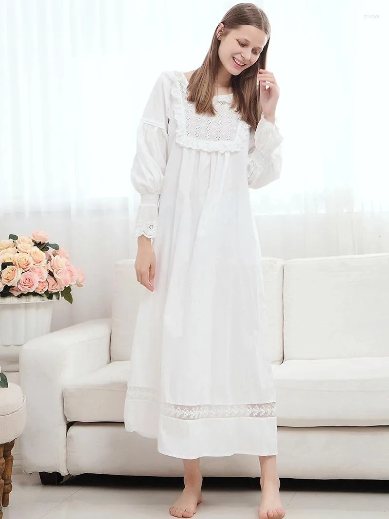 Women's Sleepwear Women Pure Cotton Nightdress White Lace Ruffles Long Sleeve Loose Peignoir Vintage Princess Victorian Lolita Fairy