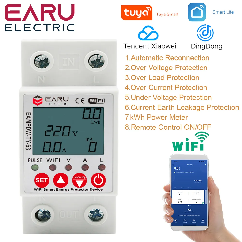 Energimätare 2p 63a Tuya -app WiFi Smart Circuit Earth Läckage över under spänningsskyddsreläenhetens brytare Kraft KWH -mätare 230428