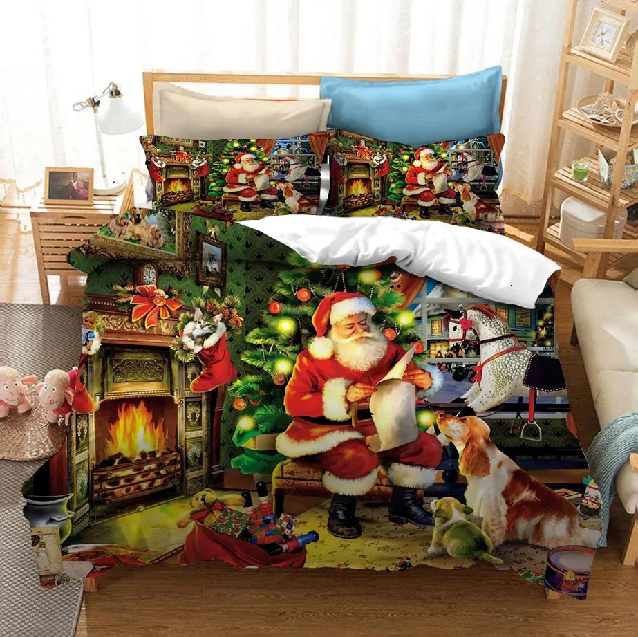 Conjuntos de cama Papai Noel e Dog Bedding Set Feliz Natal Presente Rainha Twin Single Size Duvet Cover Set Fronha Home Têxtil Luxo 231129