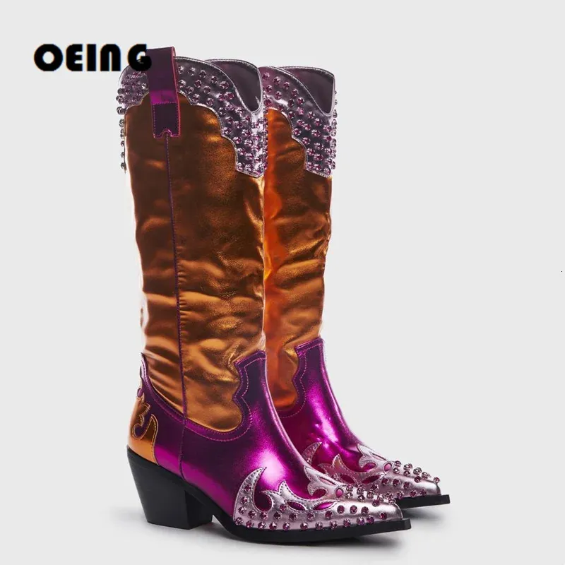 Boots Women Multicolor Western Cowboy Boots Crystal- Empelled Patchwork Knee High Boots Female Pointy Toe Block Heels Slip-On Botas 231129