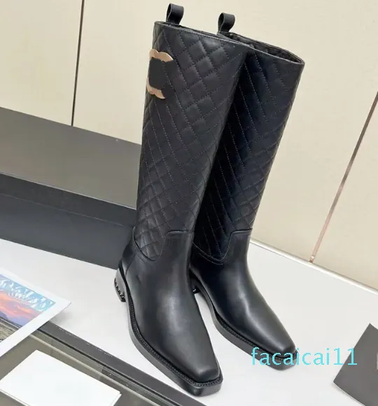 Designer-Luxus-Stiefel mit quadratischer Zehenpartie, oberschenkelhohe Stiefel aus Leder, elektrisch bestickter Diamant-Karo-Stiefel, Damenmode, bequeme Schuhgrößen mit hohen Absätzen