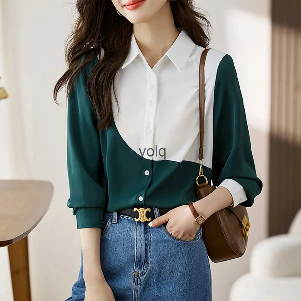 Frauen Blusen Shirts Mode Spleißen Farbe Frau Bluse 2023 Neue Casual auf Hemd Elegante Langarm Damen Vintage Grundlegende Topsyolq