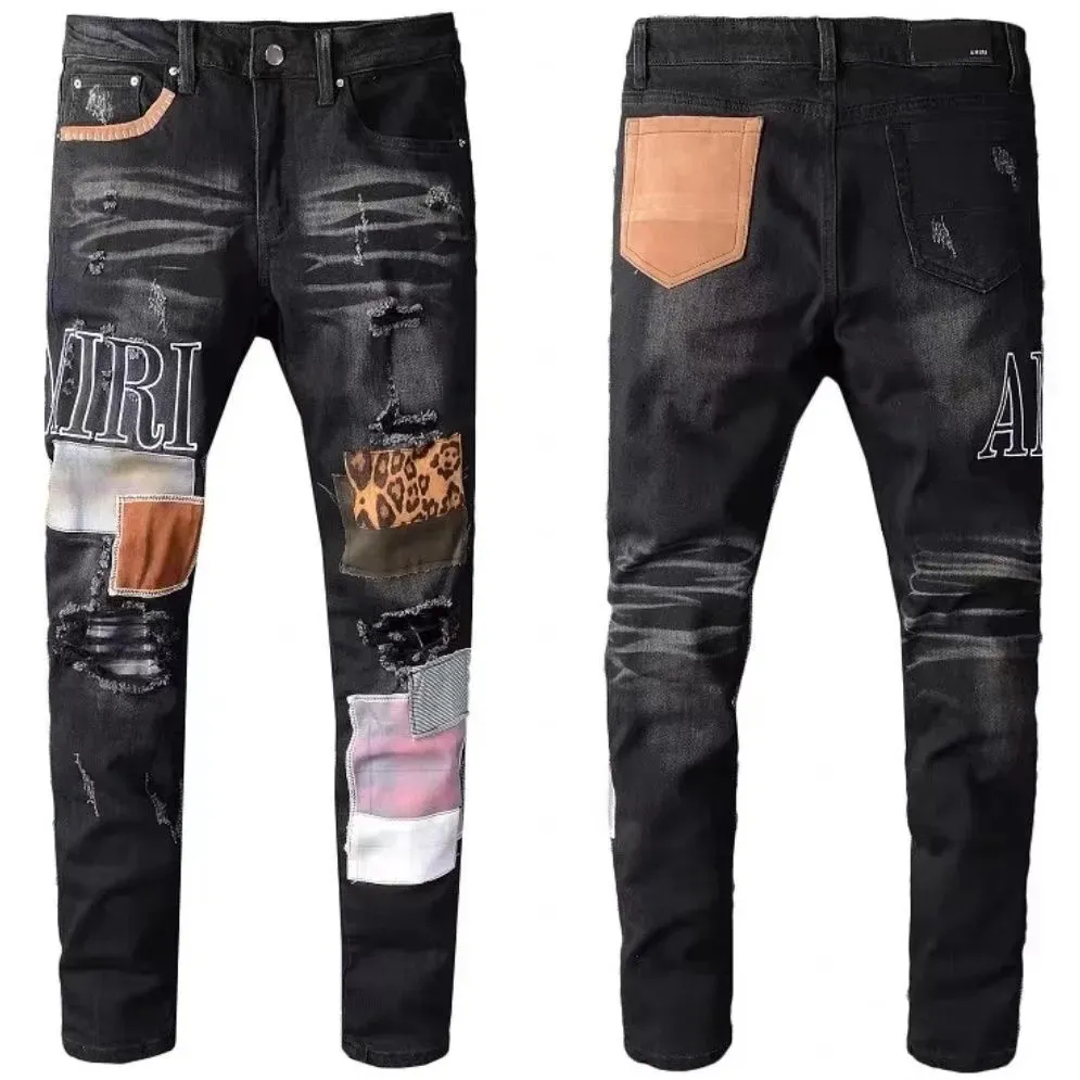 Heren jeans ontwerper amirs dames hoge kwaliteit rechte denim broek borduurbroek gat gescheurd gat biker paars voor heren