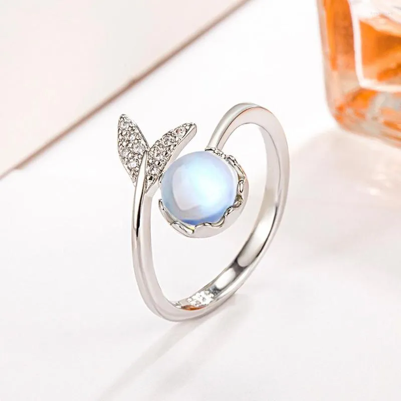 Cluster Rings 925 Sterling Silver Moonstone Fish Tail Open Women's Ring Wedding Luxury Fine Jewelry Accessories GaaBou Jewellery