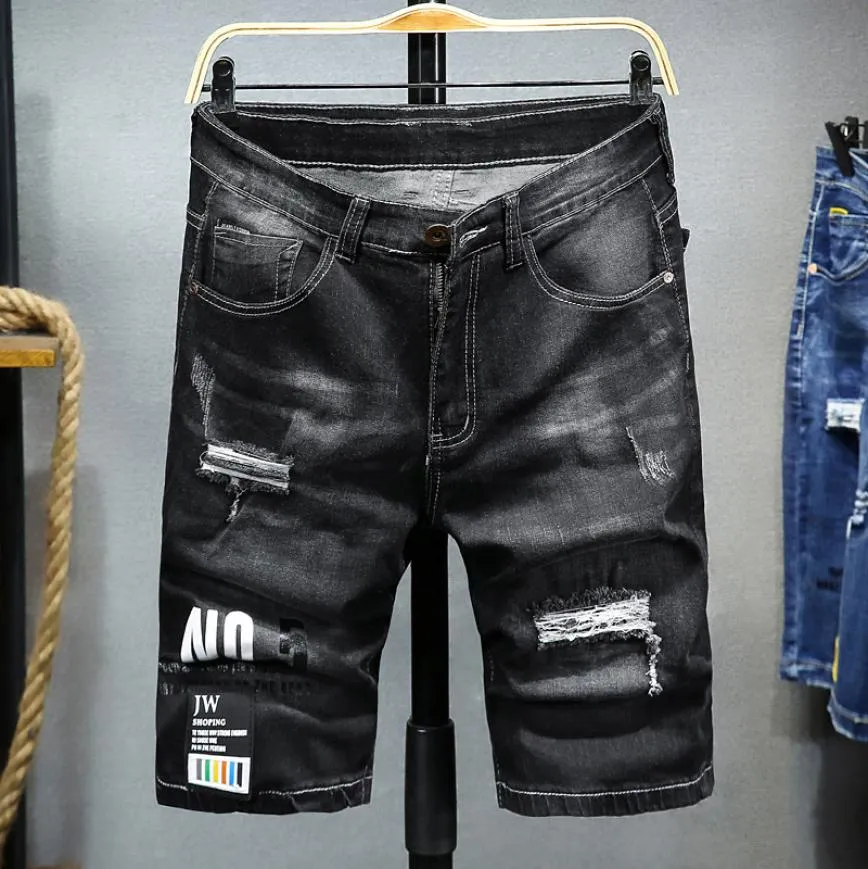 Men039s Jeans Men Gray Denim Shorts Summer Holes Black Short Cotton Stretch Jean Knee Length6429937