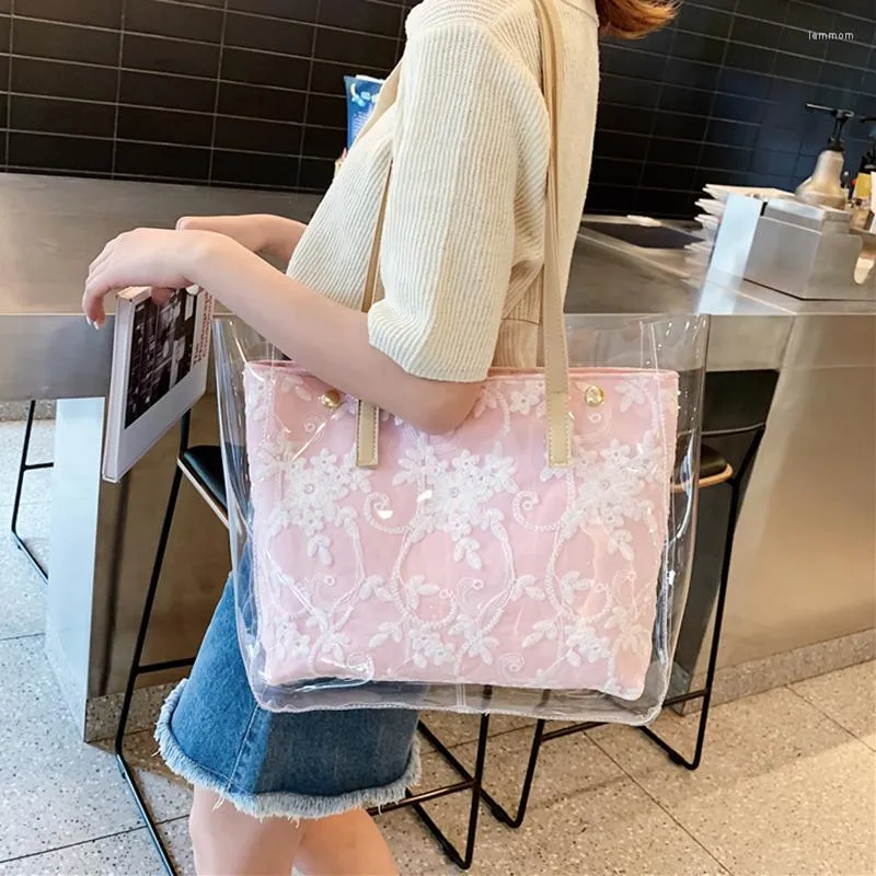 Abendtaschen 2023 Frauen Transparent Tasche Klar PVC Jelly Big Tote Stickerei Blumen Handtasche Schulter Weibliche Dame Sac Large