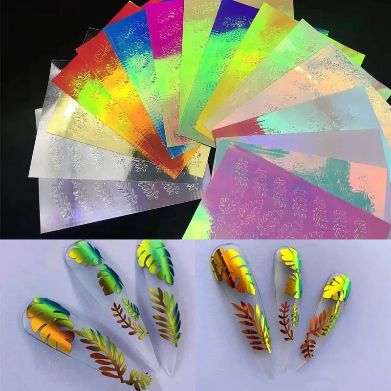 Adesivi per finestre 16 fogli / lotto Adesivo per unghie olografico 3D Foglia Decalcomania adesiva laser fai-da-te Manicure Art