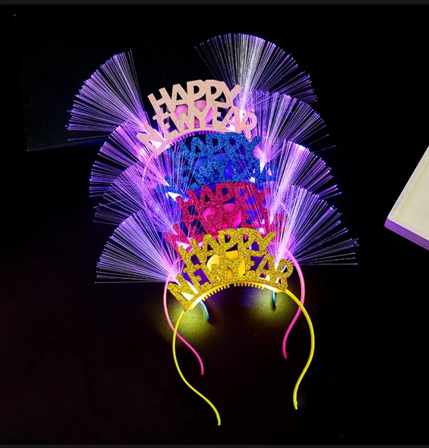 LED Yeni Yıl Kafa Bandı Aydınlatma Fiber Optik Saç Çember Parlak Parti Sparky Glitter Headdress Tiaras Tatil Yeni Yıl Süslemeleri