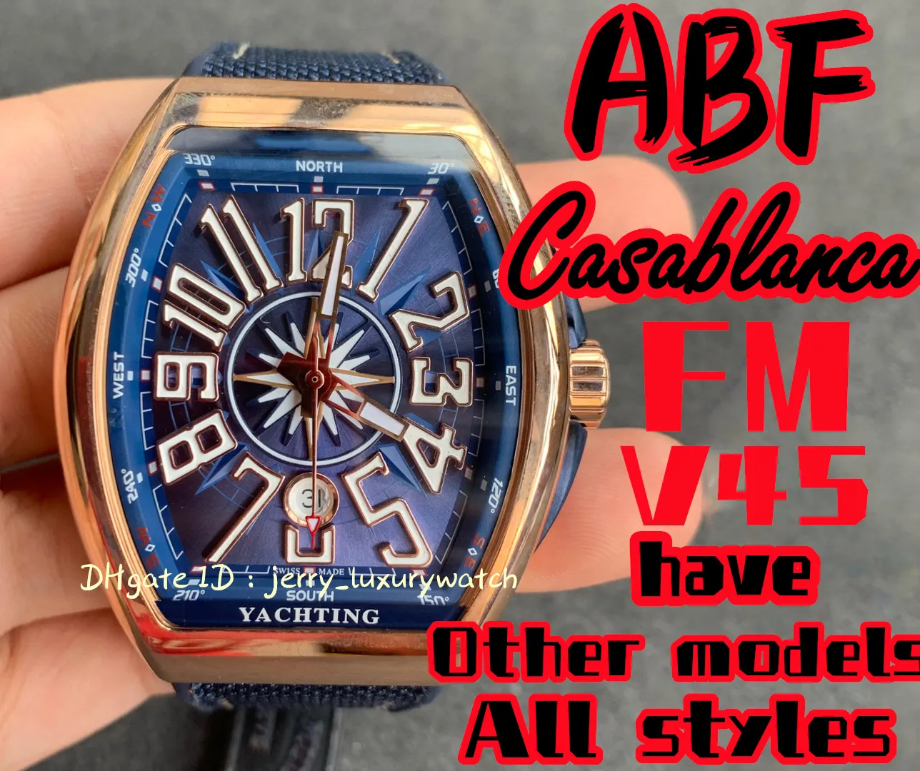 ABF / FM Vanguard yatlama V45, 44x54mm Safir Kristal Cam ETA2824 Mekanik Hareket, Premium Kauçuk Kayış, Elmas Kapalı Altın İki