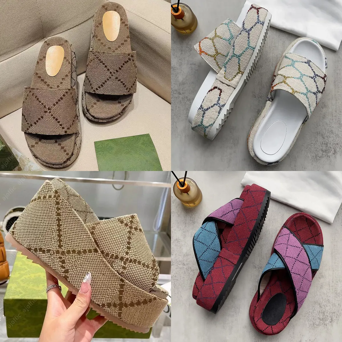 Designer Slipper Loafers Slides Platform Sandaler Mid Heel Rattan Jumbo Interlocking Slipper broderade brev Tryckt strand tofflor Cross Strap Trapers