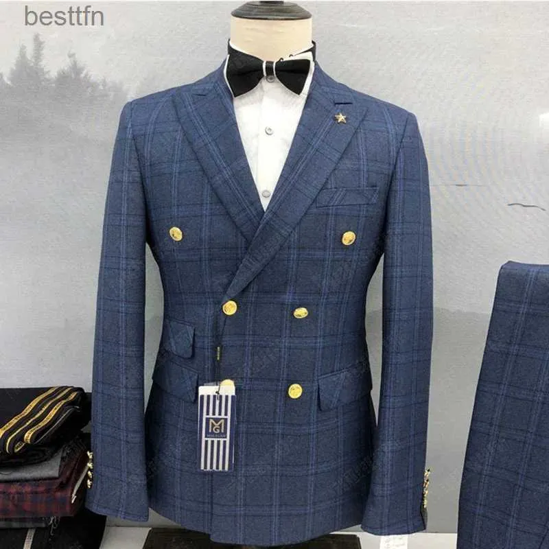 Men's Suits Blazers 2023 Fashion New Men's Leisure Boutique Double Breasted Plaid Suit 2 Piece Set Drees Blazers Jacket Pants Trousers Two PcsL231130