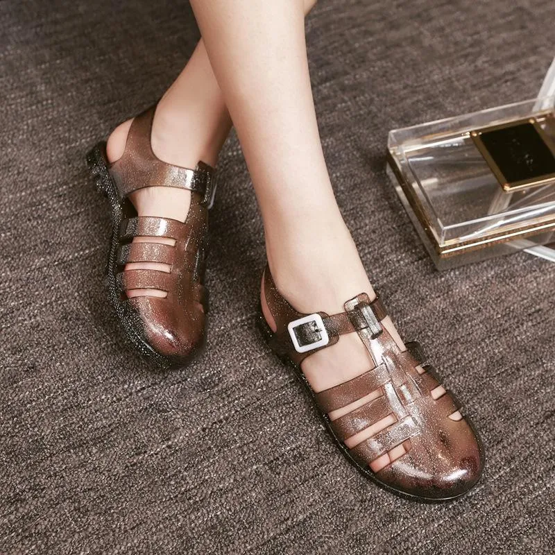 Sandalen schijnen lovertjes Jelly Dames transparante smalle riem plat met Buckle Hollow Open Toe voor vrouwen