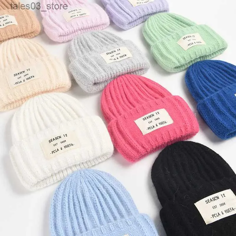 OMEA Angora lapin fourrure hiver chapeau femmes laine chapeau mode tricot poilu chapeau bonnet flou cachemire casquette couleur unie avec patch Q231130