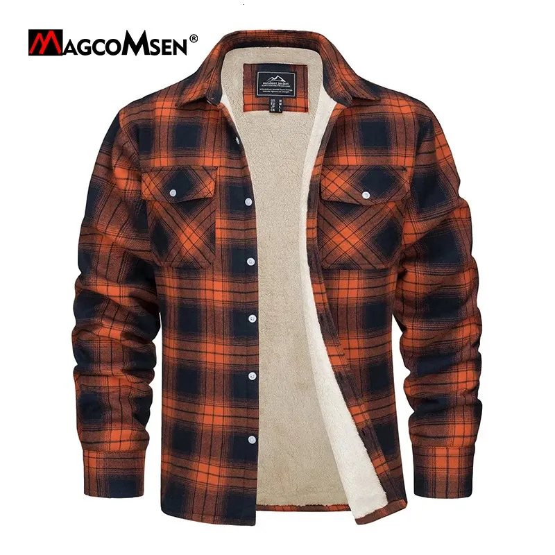 Mens Jackets MAGCOMSEN Fleece Plaid Flannel Shirt Jacket Button Up Casual Cotton Thicken Warm Spring Work Coat Sherpa Outerwear 231129