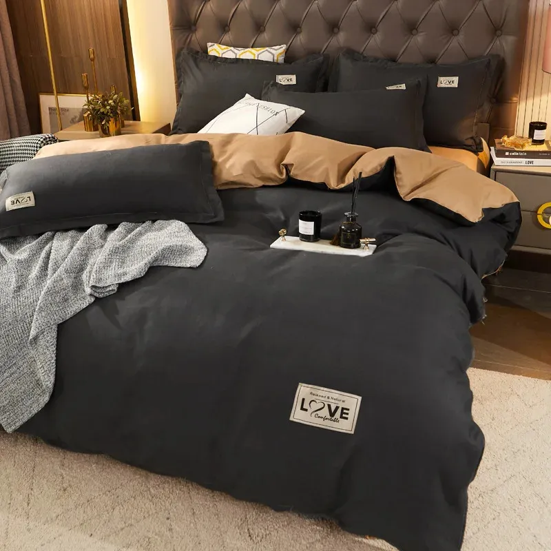 寝具セット豪華なソリッドカラーベッドカバーフルセットリネン羽毛布団枕カバーダブルドアブバージョンキルトツインサイズ231129
