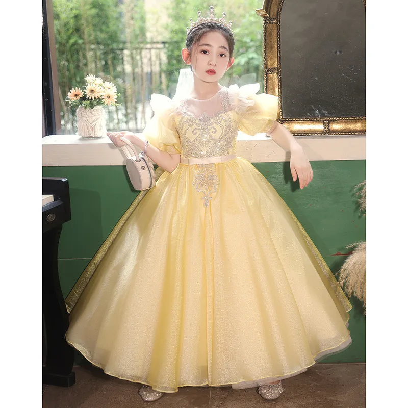Yellow Sequined Flower Girls Weddings Ruffles Lace Tulle Pearls Backless Princess Children Wed Birthday For Kid Child Prom Ball Gown Even Party Dresses 403