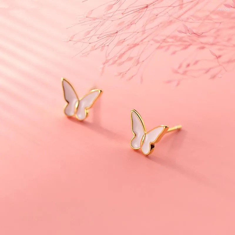 Stud Earrings White Enamel Glue Butterfly Female 925 Sterling Silver Small For Kids Girl Women 8mmX7mm Delicate Jewelr