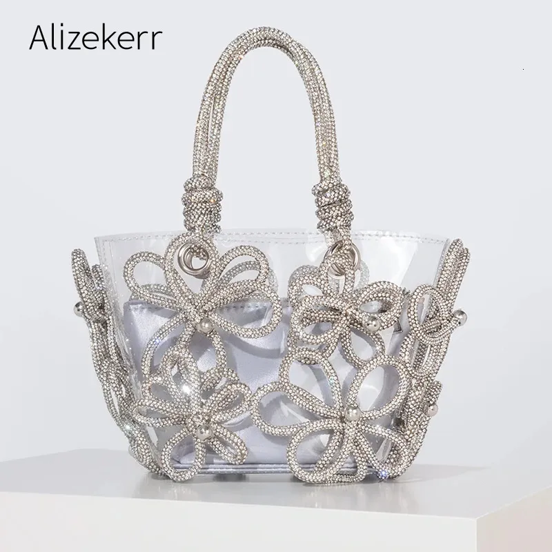 Abendtaschen, Diamant-Blumen-transparente Tragetaschen, Damen-Boutique, Sommerurlaub, handgefertigt, gewebte Strass-Strand-Geldbörsen und Handtaschen, Hochzeit 231129