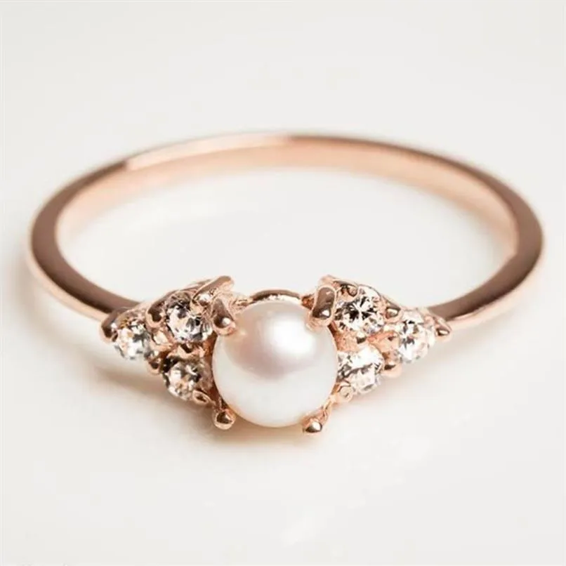 14KC Rose Gold lub platowany pierścionek zaręczynowy Pierścień Pearl Wedding Pierścienie - CZ kryształowy delikatny pasek ring - Pearl Jewelry292p