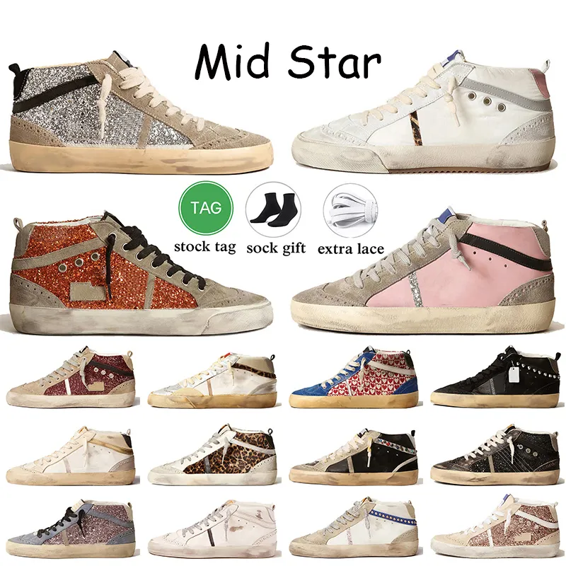 Top Quality OG Mulheres Mens Mid Star Designer Sapatos Canvas Treinadores Camurça Couro Glitter Prata Ouro Rosa Zebra Vintage Itália Marca Handmade Plataforma Casual Sapatilhas