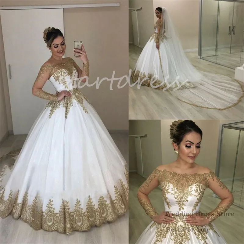 Vintage Witte Baljurk Trouwjurk Met Gouden Applicaties Bling Landelijke Stijl Boho Bruidsjurken Applicaties Kant Lange Mouw Off-Shoulders Tuin Robe De Mariage 2024