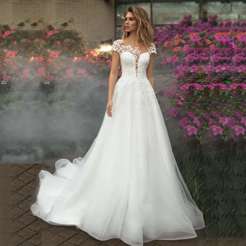 Abiti da sposa fantasia con spalle scoperte per Mariage Scollo a V profondo Bottone ricoperto A-Line Classico tulle Applique da giardino personalizzato