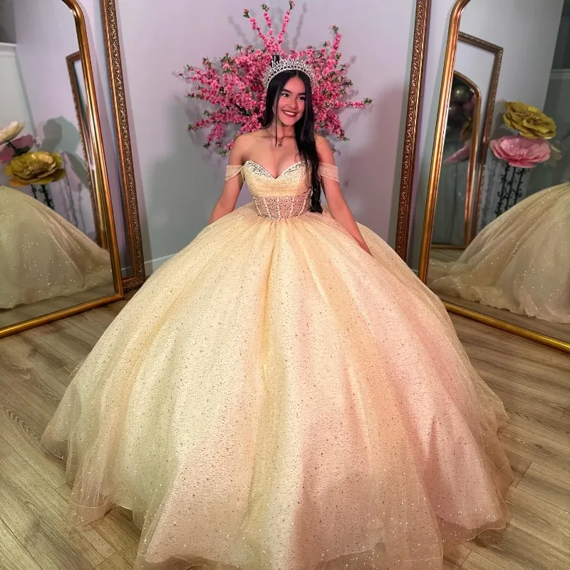 Champagne Quinceanera Dress Off Shoulder Ball Gown with Beaded V-Neck and  Lace-up Back Sweep Train Tulle Fabric