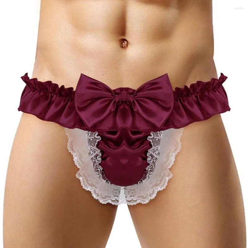 Underpants Sissy Briefs Men Sexy Lace Satin Bikini G-String Thongs Bow And Ruffle Gay See-through Knickers Seamless Panties Gaysexy Costume