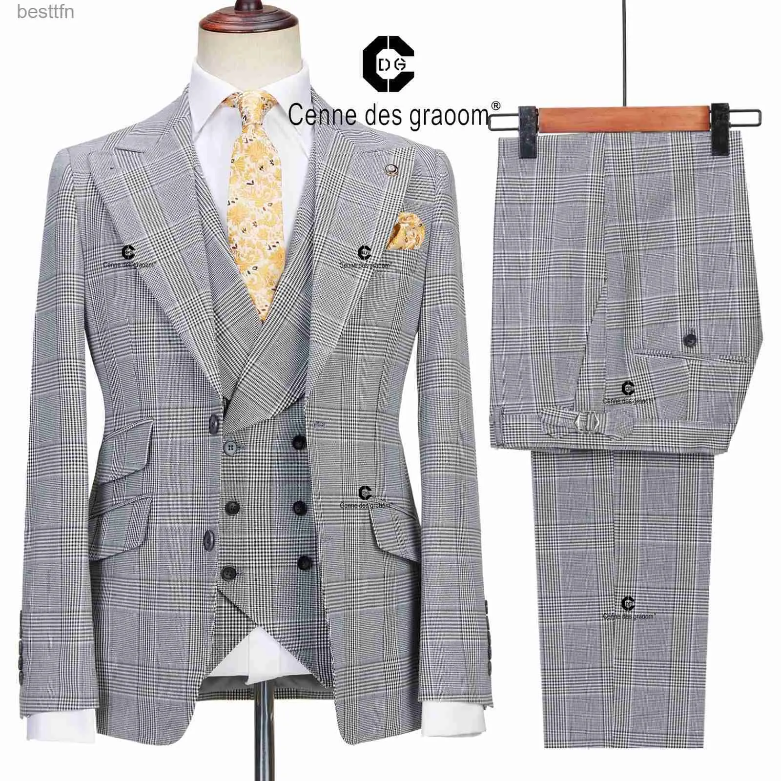 Men's Suits Blazers Cenne Des Graoom 2022 Classic Glen Plaid 3 Piece Vintage Men Suits Winter Jacket Vest Pants Tailor-Made Business Office WeddingL231130